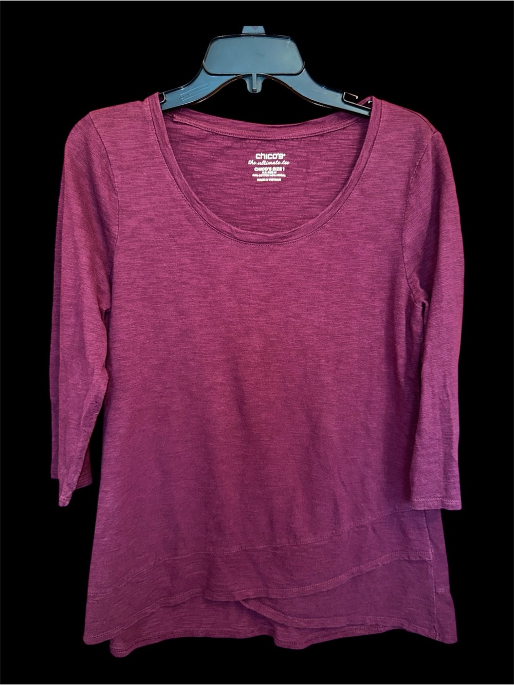 Chicos the ultimate tee size medium 3/4 sleeve burgundy cotton blend